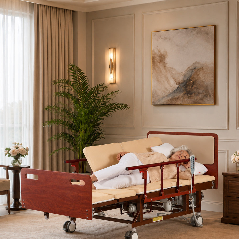 Jemeela Adjustable Electric Bed with Nursing Mattress, Wood