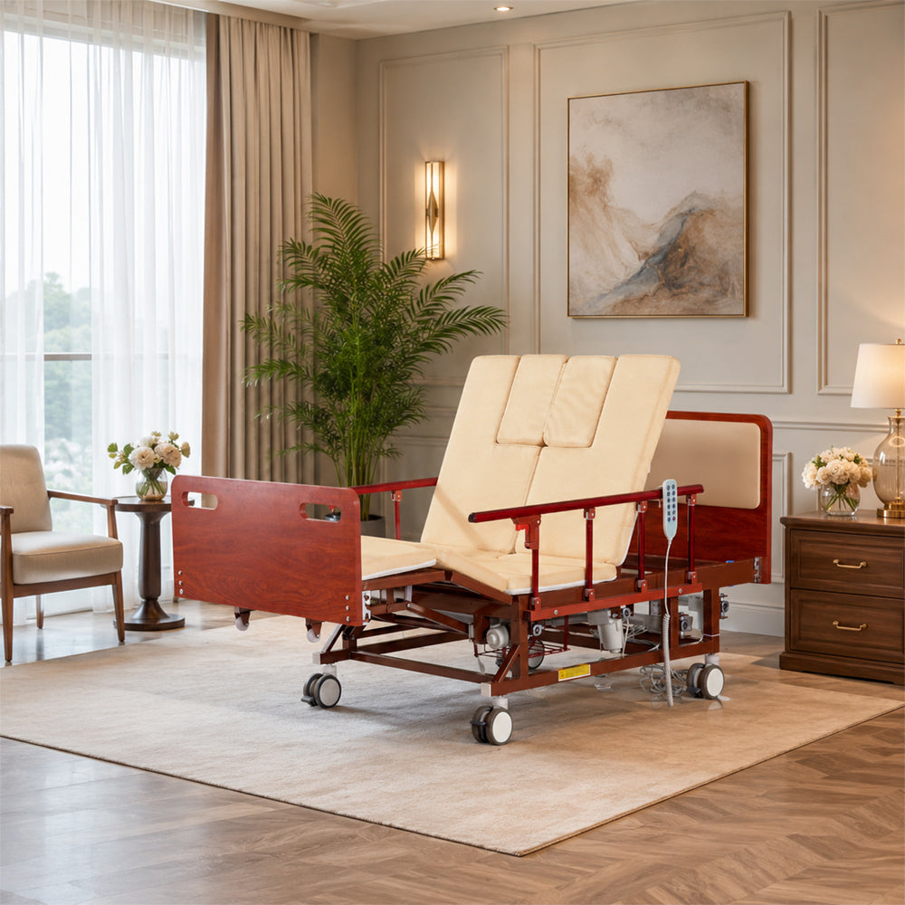 Jemeela Adjustable Electric Bed with Nursing Mattress, Wood