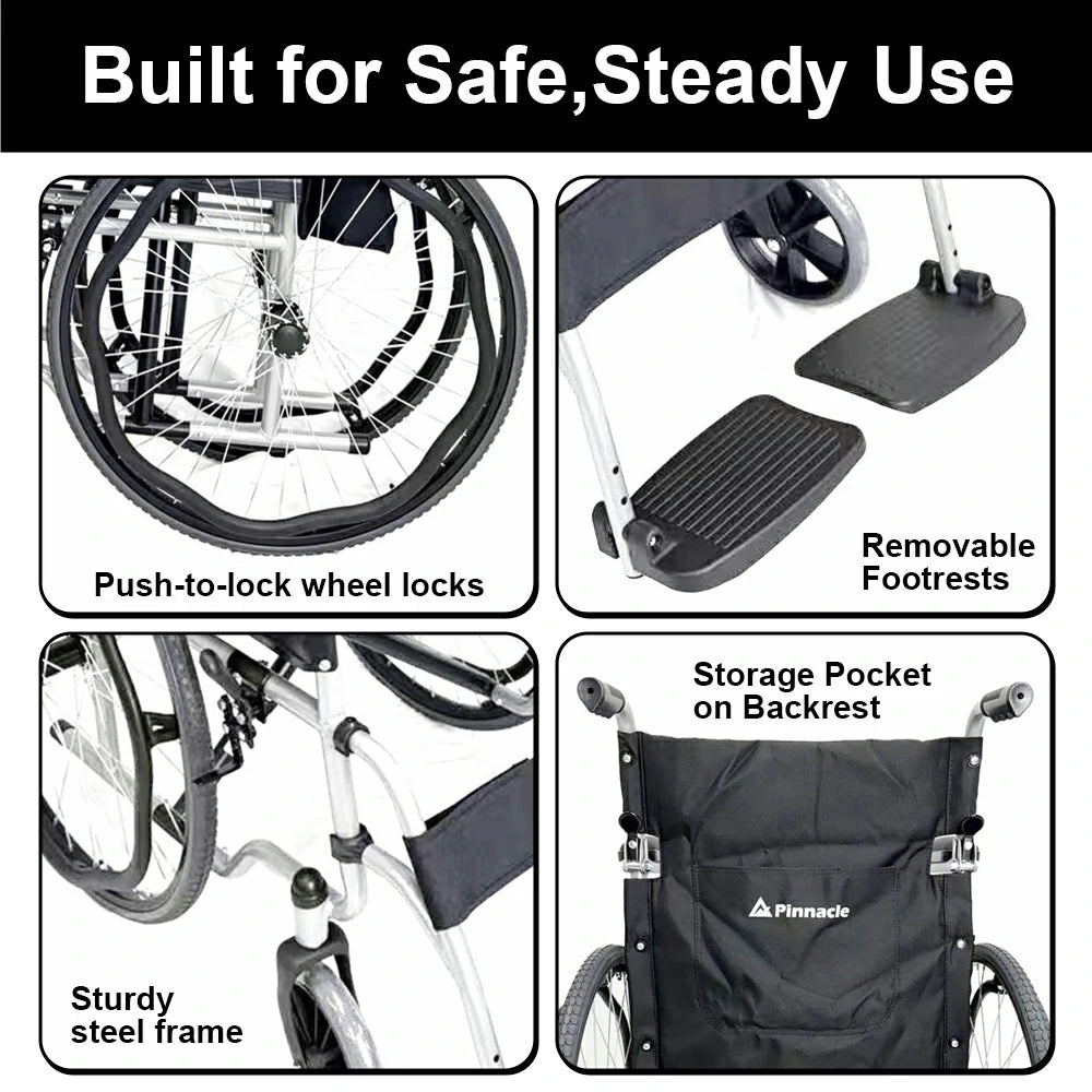 PINNACLE Swift Self-Propelled Wheelchair, Foldable Steel Frame, 110 kg