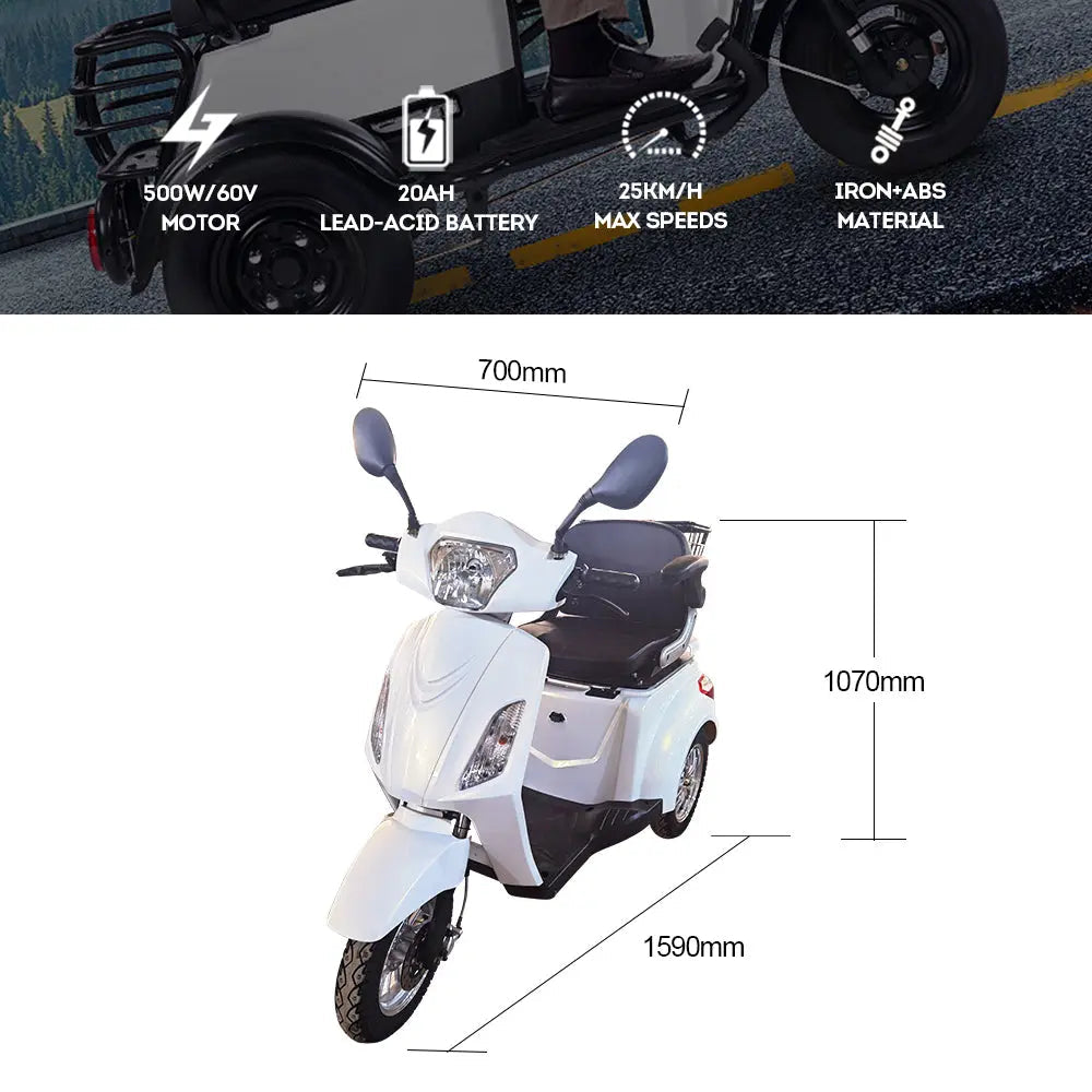 Jemeela F10 Electric Tricycle, 500W 60V 20Ah, Max Range 60km, 25km/h