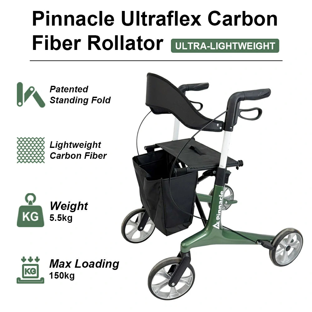PINNACLE Ultraflex Carbon Fiber Rollator, Max Load 150 kg