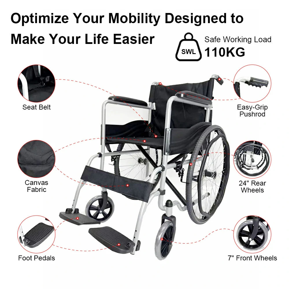 PINNACLE Swift Self-Propelled Wheelchair, Foldable Steel Frame, 110 kg