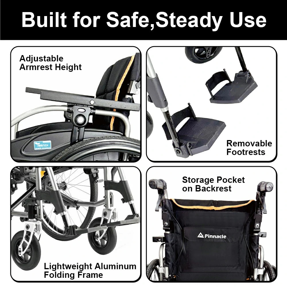 PINNACLE Ultraroll Pro Adjustable Wheelchair, Self-Propelling